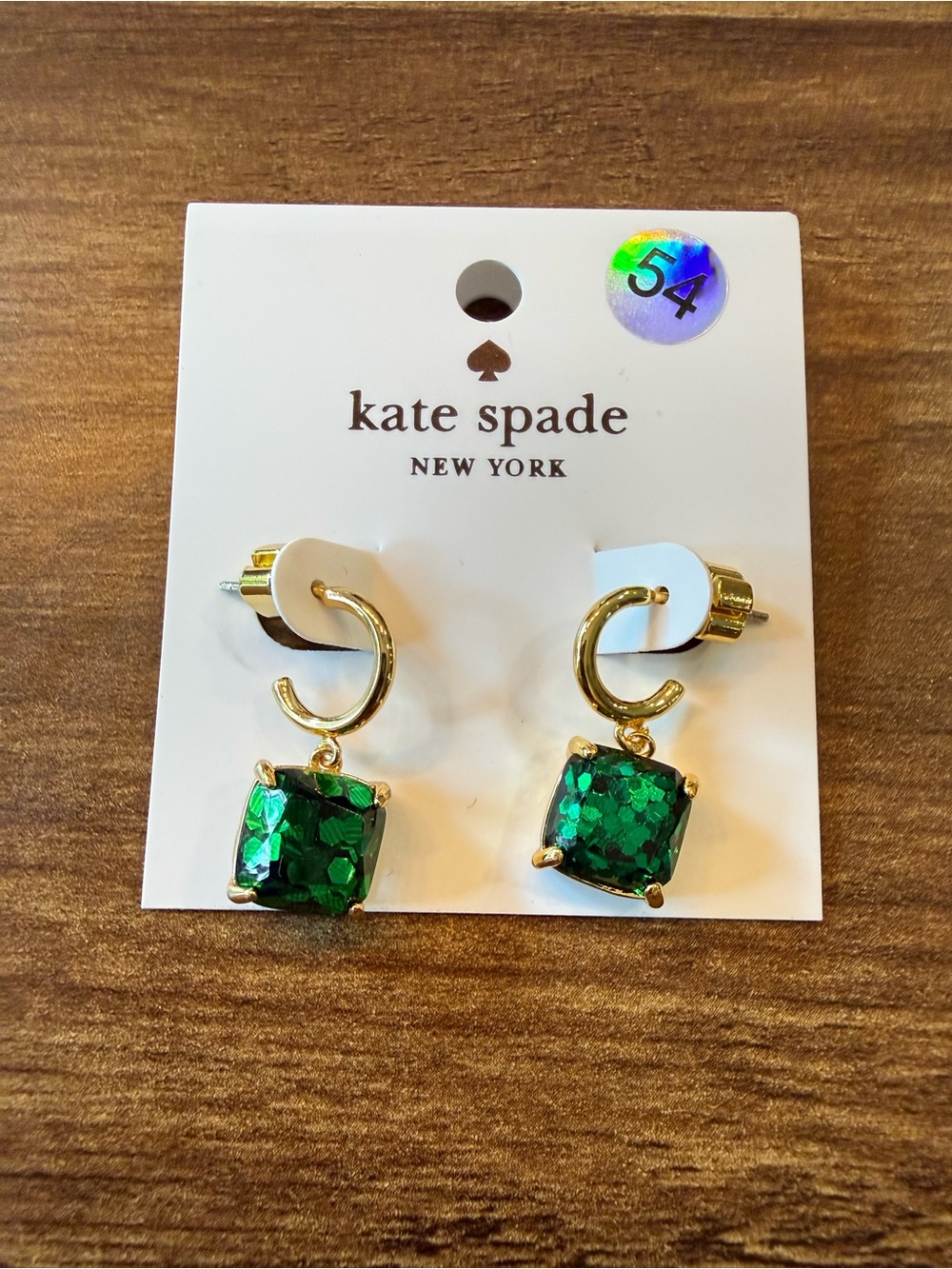 kate spade Gold Hoop Earrings with Emerald Green Square Stones